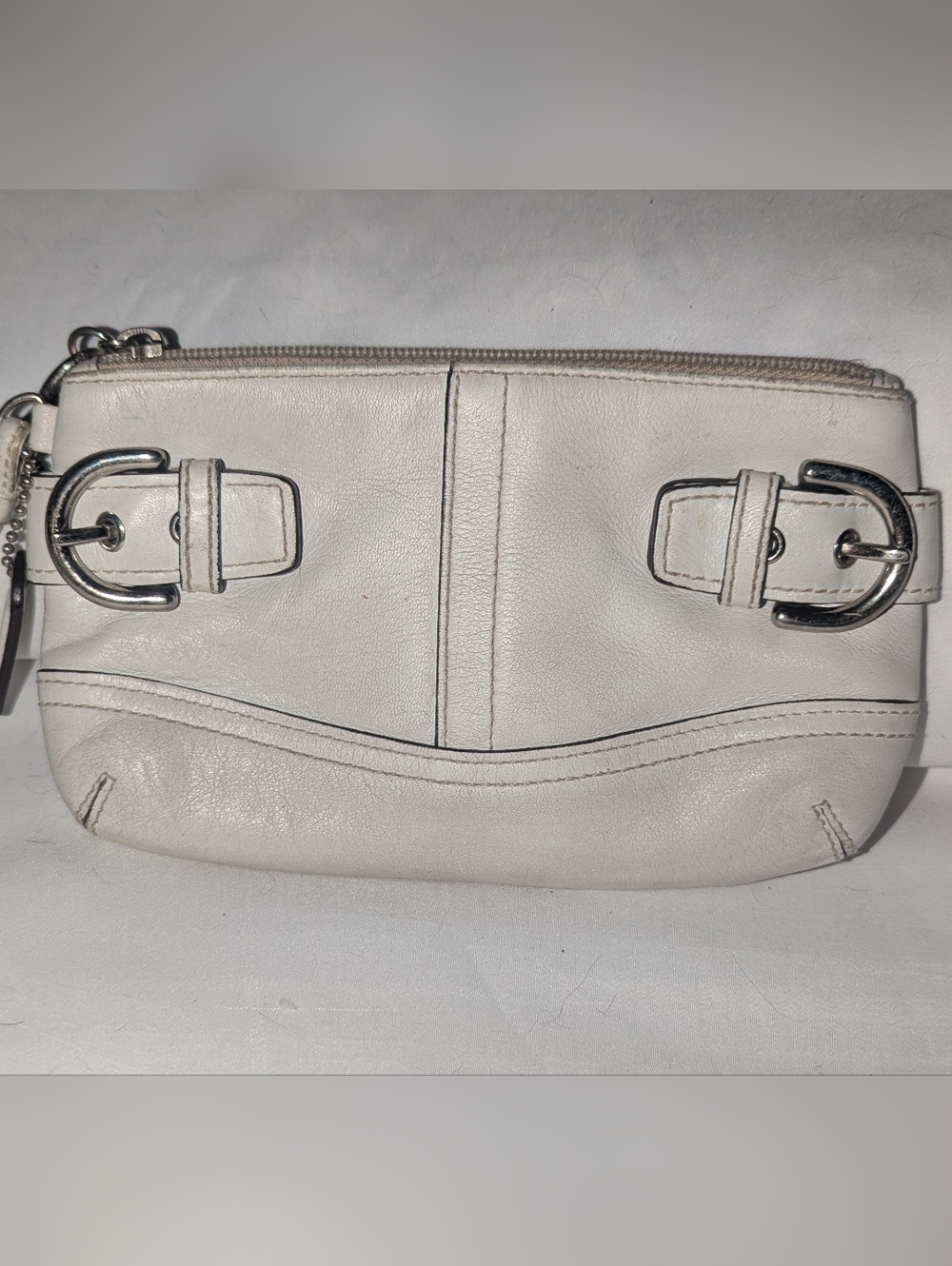 Coach Y2K Soho Off-White Leather Wristlet Clutch with Silver Buckle Accents